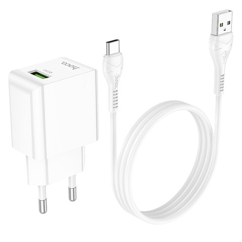 Adaptador de red Hoco C98A, 18 W, Quick Charge, blanco, con cable USB Tipo-C, 1 puerto, #6931474766878 Vista previa  1