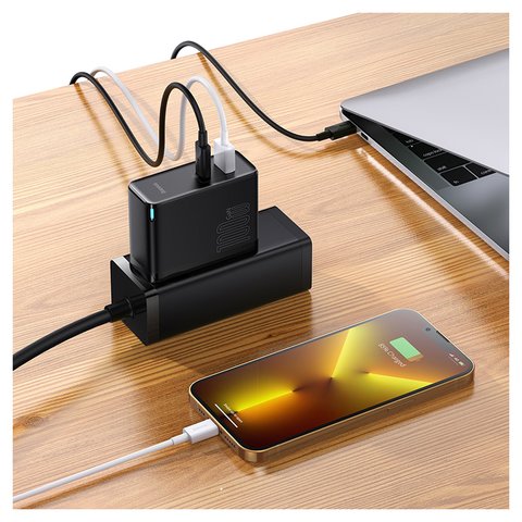 Мережевий зарядний пристрій Baseus GaN5 Pro, 100 Вт, Quick Charge, чорний, з кабелем USB тип-C до USB тип-C, 2 порта, #CCGP090201 Прев'ю 3